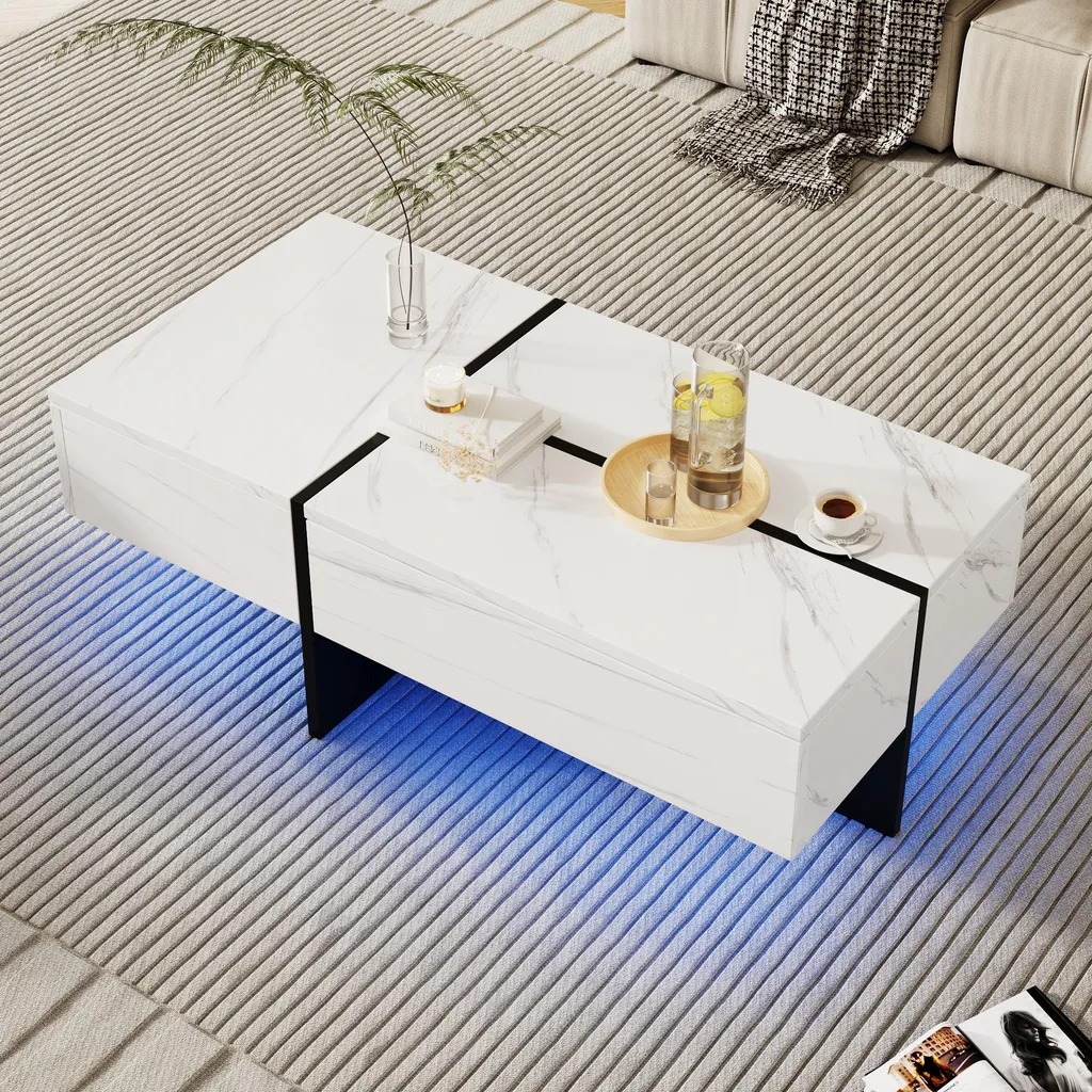 Table Basse LED Multicolore avec Tiroirs Pratiques - Design Blanc MDF - 3