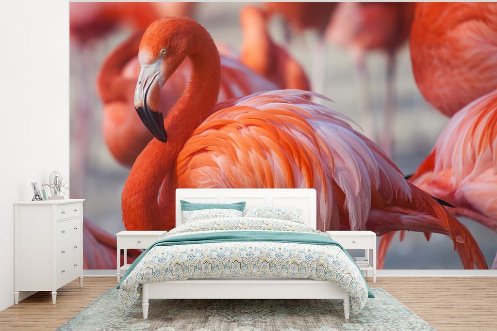 MuchoWow Fototapete für Wohnzimmer oder Schlafzimmer Wandtapete Vinyl Motivtapete Flamingo - Vogel - Tiere - Rosa - 320x240 cm - Tapeten
