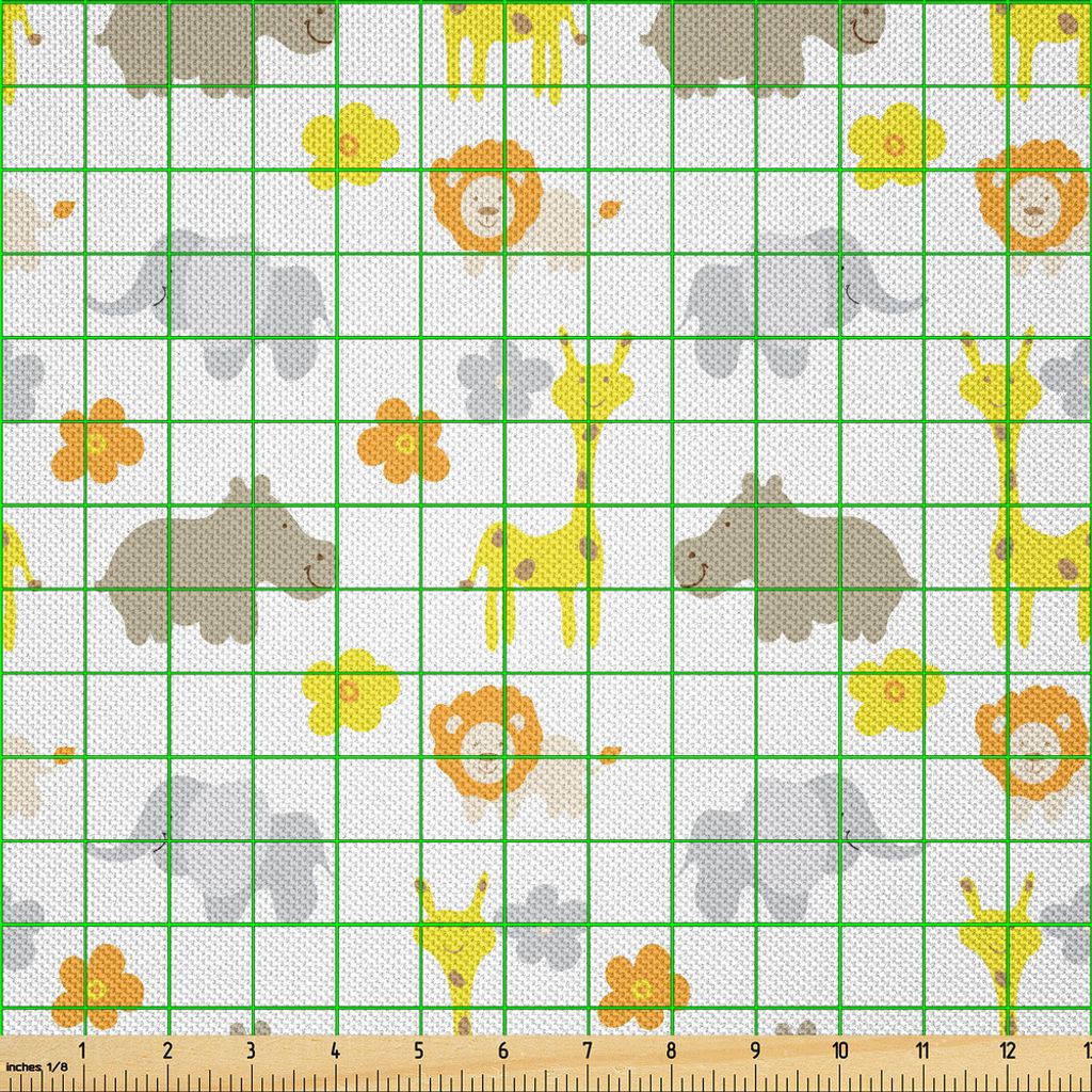 ABAKUHAUS Kindergarten Satin Stoff als Meterware, Baby-Dschungel-Tier-Elefant-Löwe-Giraffen-Nilpferd-Natur-inspiriertes Design, 1 M (148 x 100 cm)...