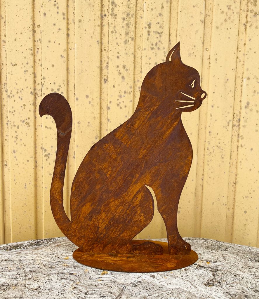 Gartenfigur Katze sitzend 45x35cm auf Platte Edelrost Wetterfest Rost Metall Rostfigur Katzen Tier