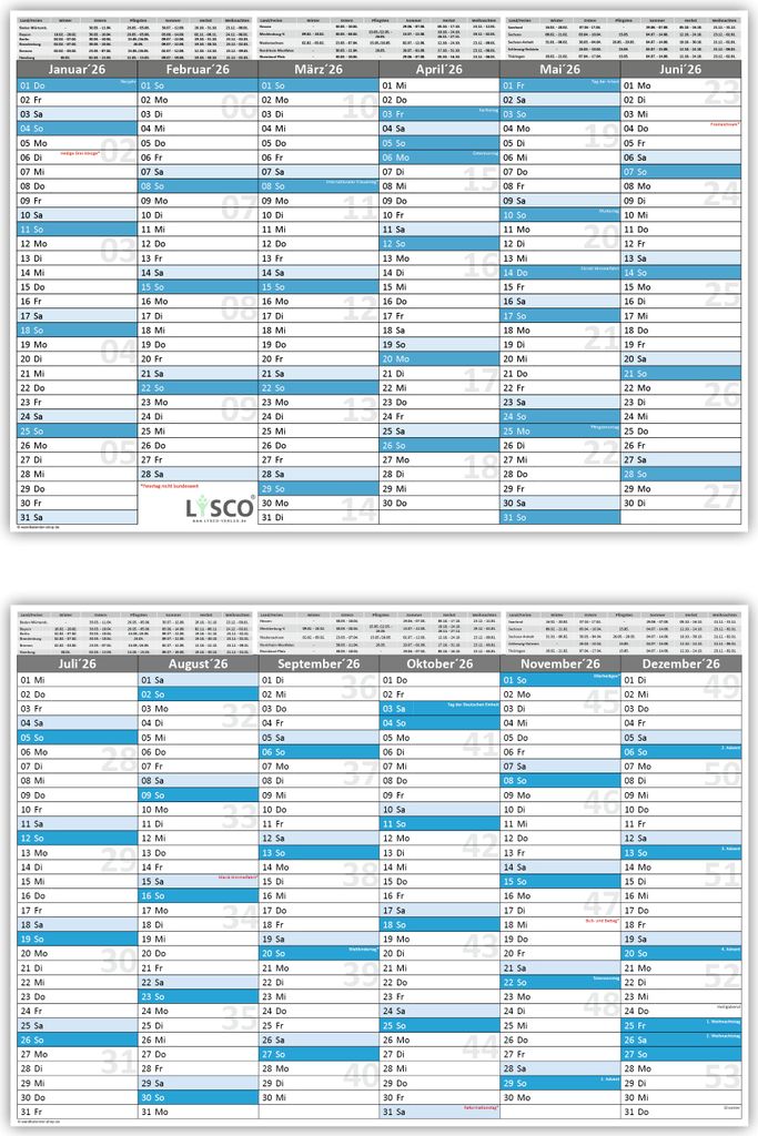 Tafelkalender DIN A4 2026 (25 Stück) Format (210 x 297 mm) 300g BD Papier beschreibbar