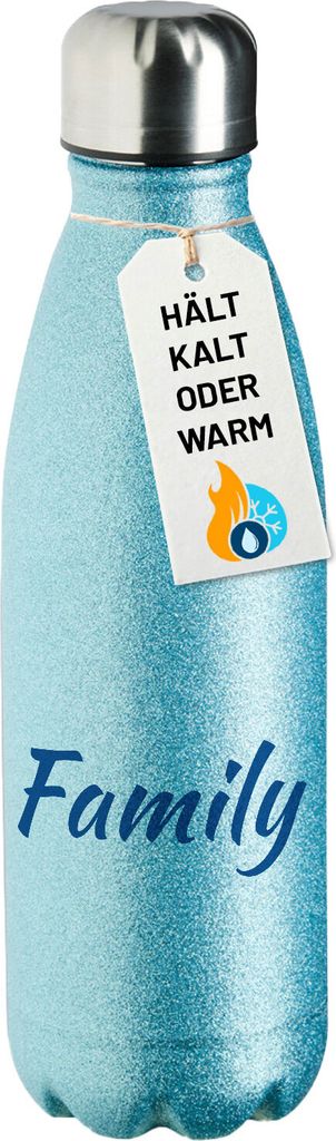 Huuraa Trinkflasche Family Schriftzug 500ml Blue Edelstahl Wasserflasche Trinkflasche Geschenkidee