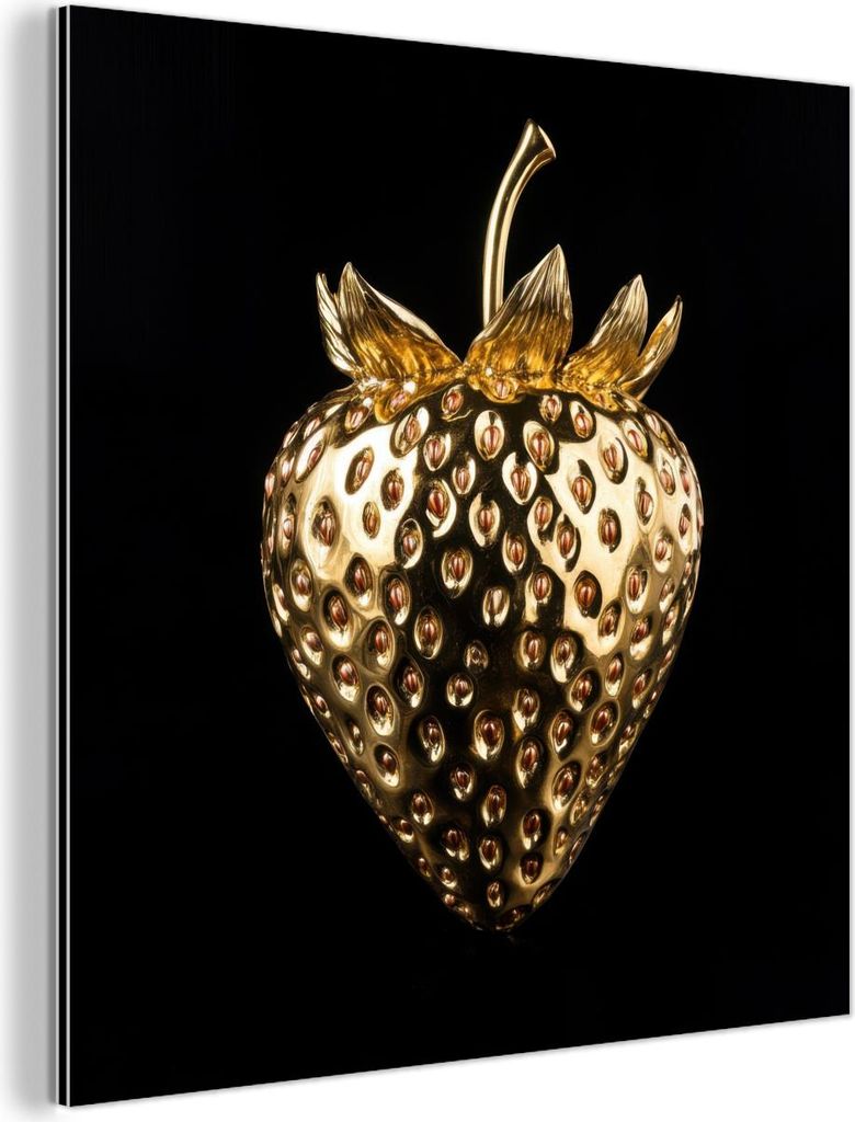 MuchoWow Wanddekoration Metall Metallbild Wandkunst 20x20 cm Erdbeere - Gold - Schwarz - Chrom MuchoWow Aluminium Gemälde - Alu Dibond Bilder