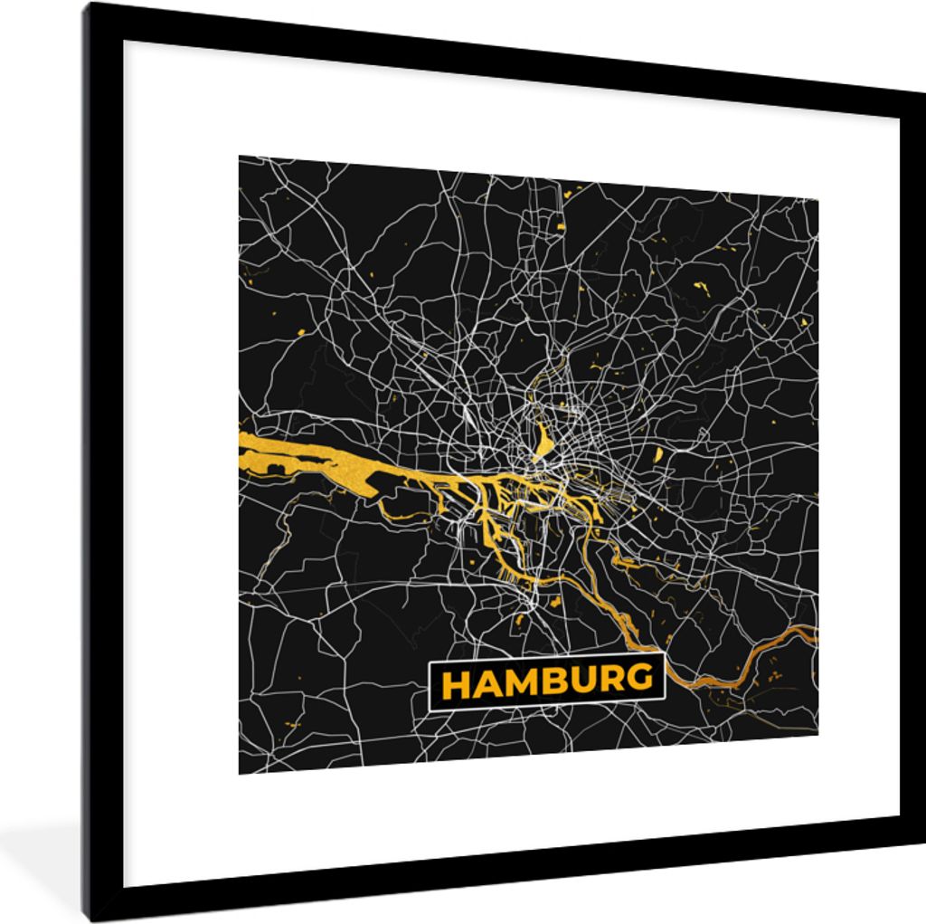 MuchoWow Gerahmtes Poster Hamburg - Deutschland - Karte - Gold - Stadtplan 40x40 cm - Poster mit Schwarzem Bilderrahmen Wandposter Rahmen Foto Bi...