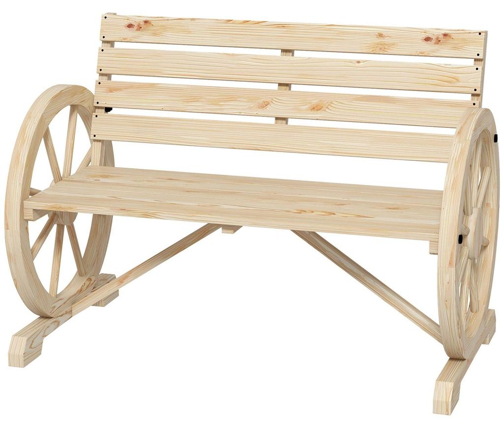 Gartenbank 2-Sitzer Sitzbank Holzbank Parkbank Im Wagenrad-Design, Bank Mit Armlehne Im Landhausstil Bis 240 Kg Belastbar Tannenholz Natur