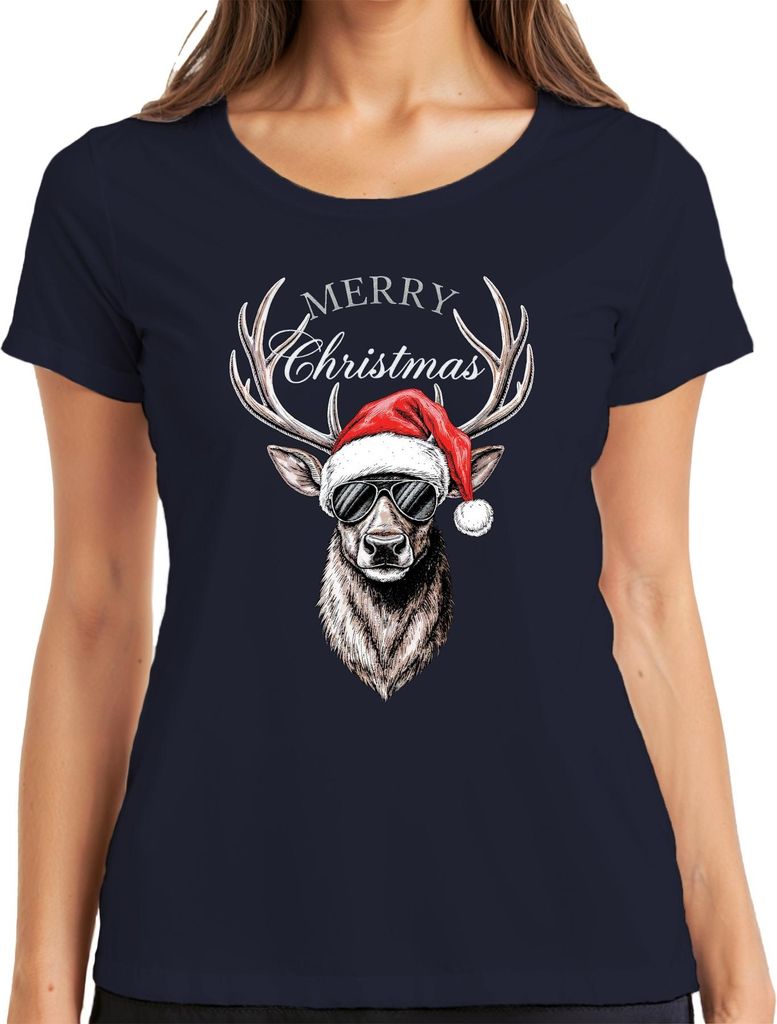 Rentier Weihnachten Merry Christmas Weihnachtsmütze Sonnenbrille Damen T-Shirt, Navy, XXL