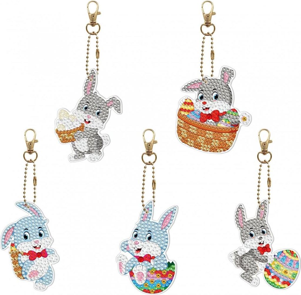 Schlüsselanhänger mit Diamantstickerei-Anhänger, 5 Stück - Osterhasen 2