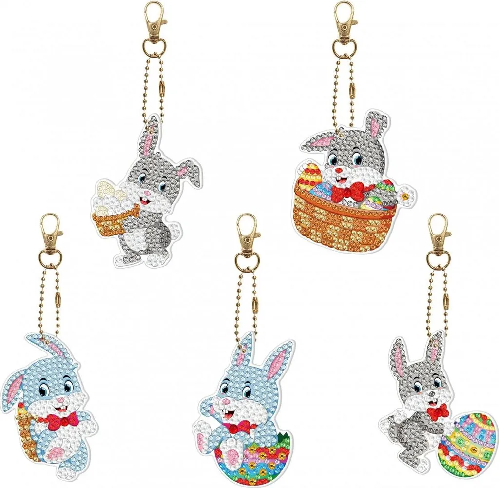 Décoration de Sac DIY Pâques : 5 Porte-clés Lapin en Broderie Diamant