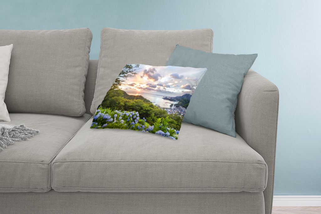 MuchoWow Zierkissen Sofakissen Wohnzimmer Dekokissen 60x40 cm Sonnenuntergang mit Hortensien - Kopfkissen - Polster mit Foto
