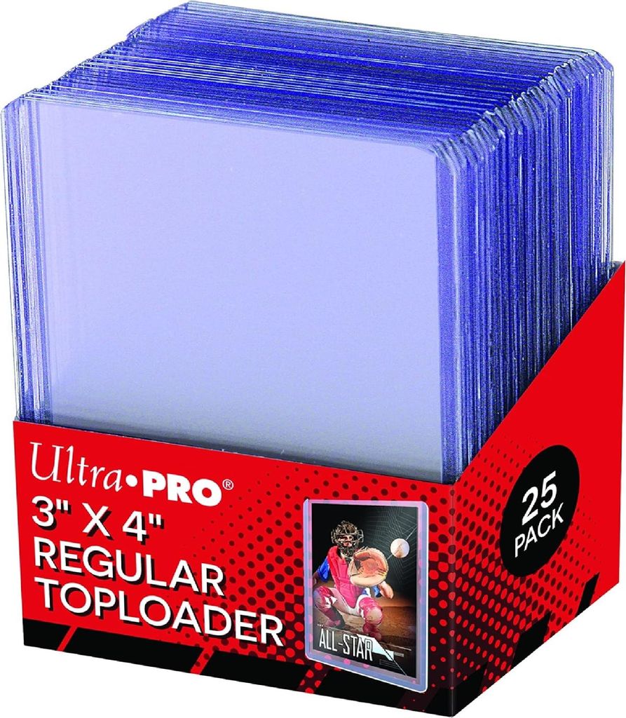 A stack of clear plastic card protectors in a red display box, with product information printed on the box.