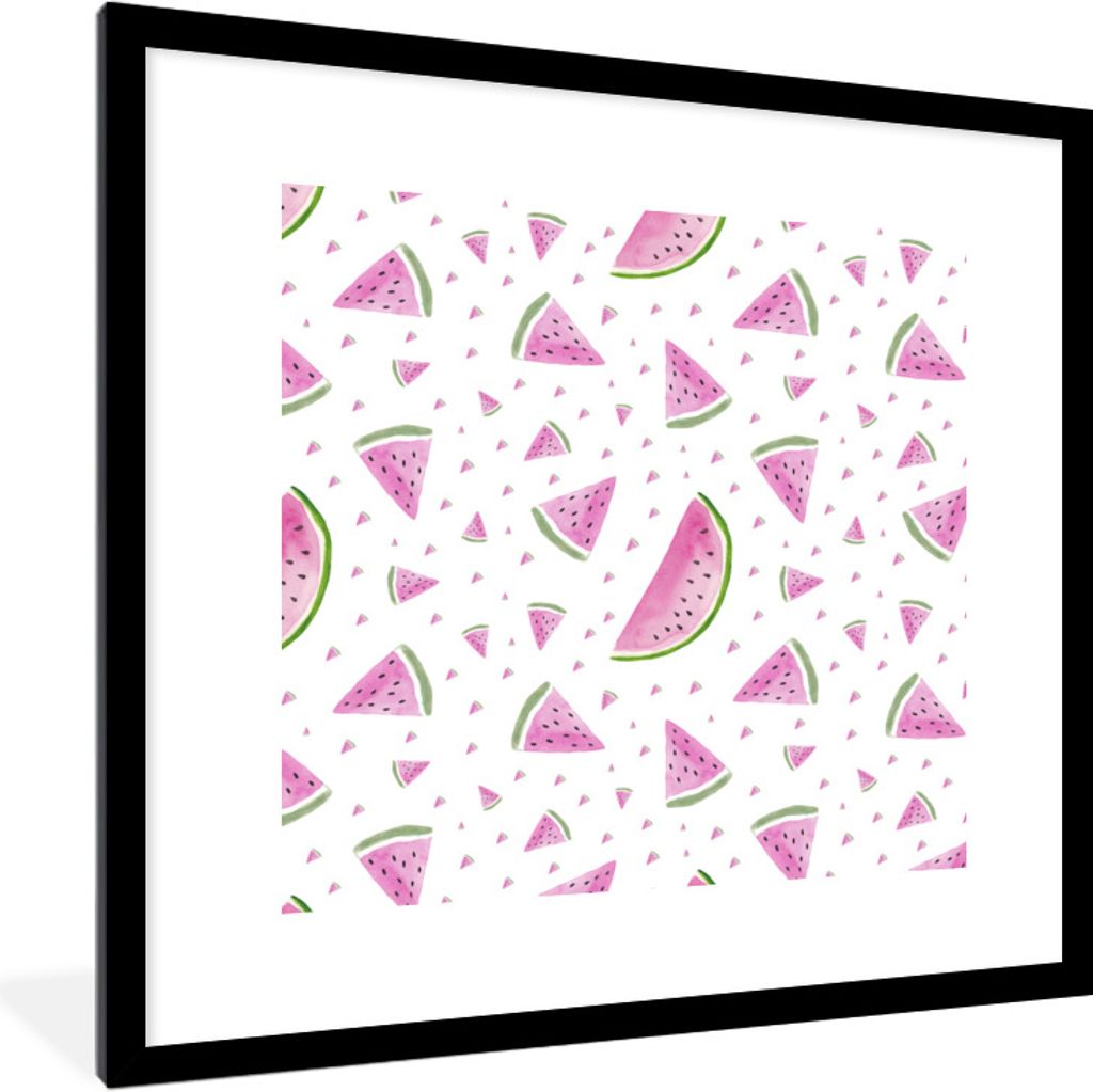 MuchoWow Gerahmtes Poster Wassermelonen - Aquarellfarbe - Weiß 40x40 cm - Poster mit Schwarzem Bilderrahmen Wandposter Rahmen Foto Bilder - Post...