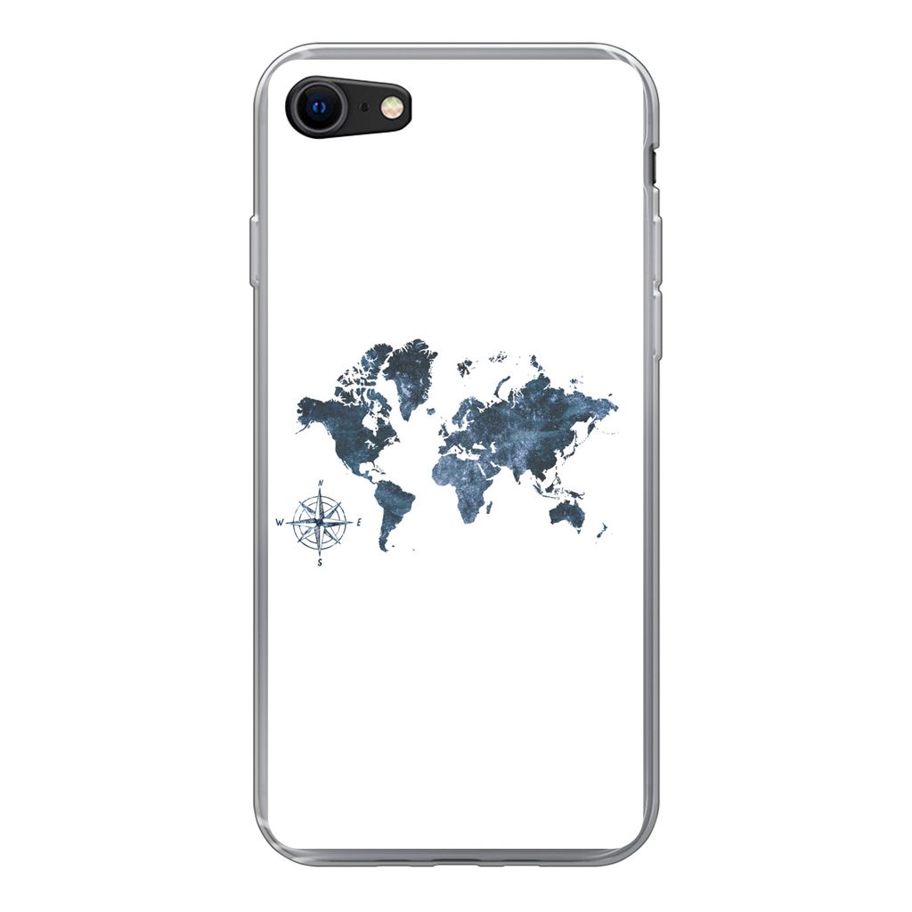 MuchoWow Handyhülle Schutzhülle Hülle für iPhone 7 Weltkarte - blau - Kompass Silikon Softcase Handy Hülle - Kartenhalter