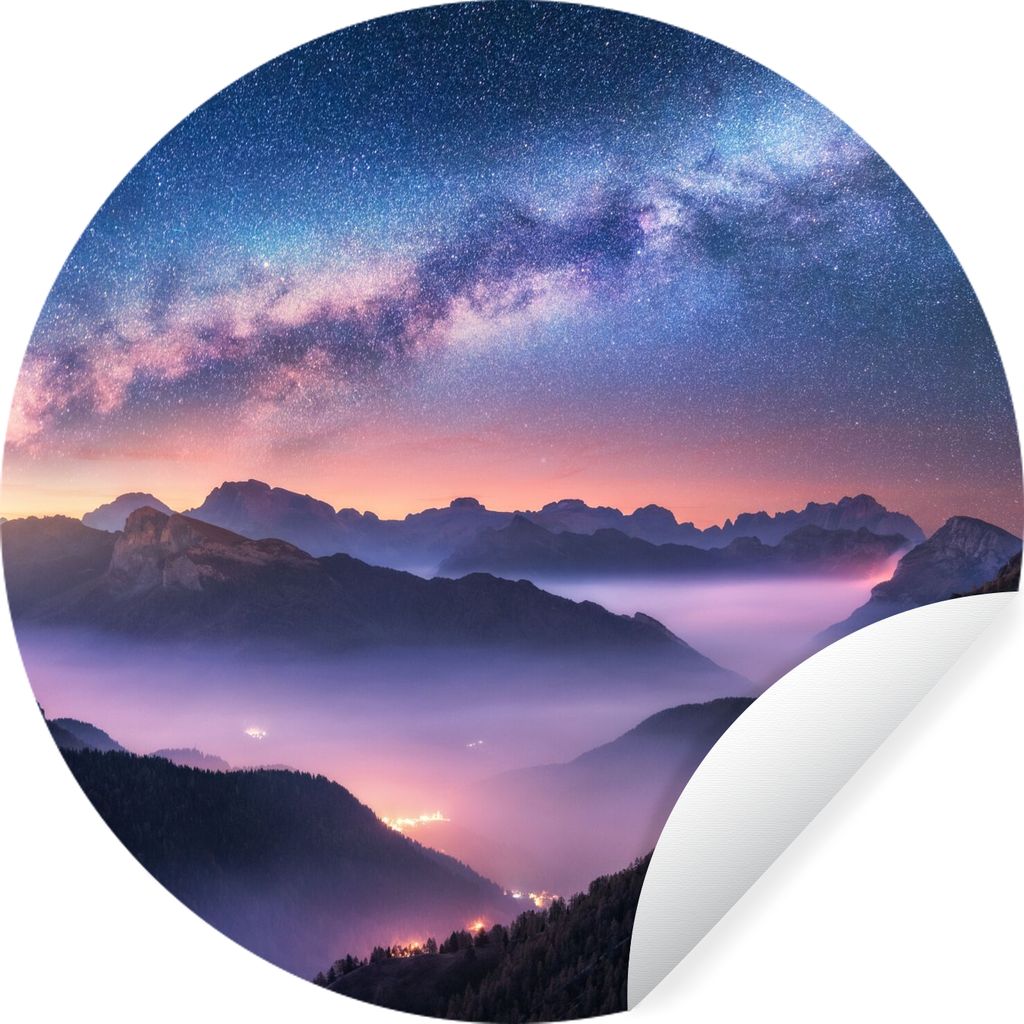 MuchoWow Runde Wandtattoo - Wandsticker Tapete Aufkleber Berge - Sternenhimmel - Nebel Ø 100 cm Selbstklebend und Repositionierbar - Wandaufkleb...