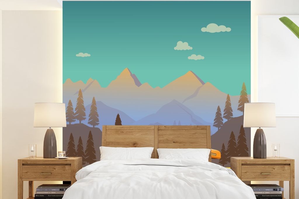 MuchoWow Fototapete für Wohnzimmer oder Schlafzimmer Wandtapete Vinyl Motivtapete Illustration eines Wohnmobils zwischen den Bergen - 240x260 cm...