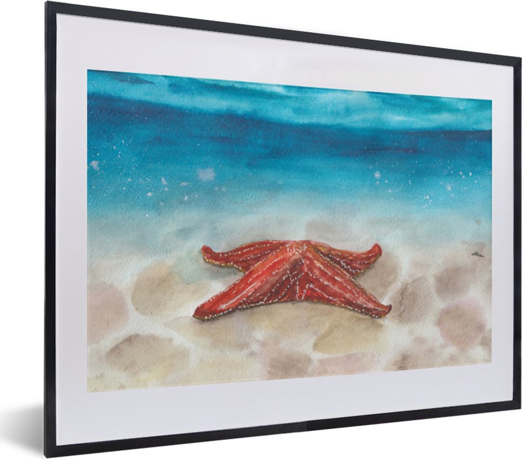 MuchoWow MuchoWow Gerahmtes Poster Meer - Aquarell - Seestern 40x30 cm - Poster mit zchwarzem Bilderrahmen - Bilderrahmen - Poster im Rahmen