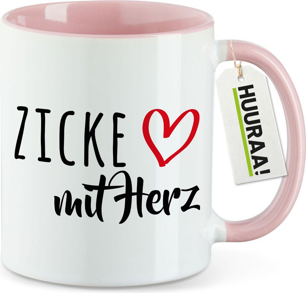Huuraa Kaffeetasse Zicke mit Herz 330ml Rosa Keramik Kaffeebecher Geschenkidee