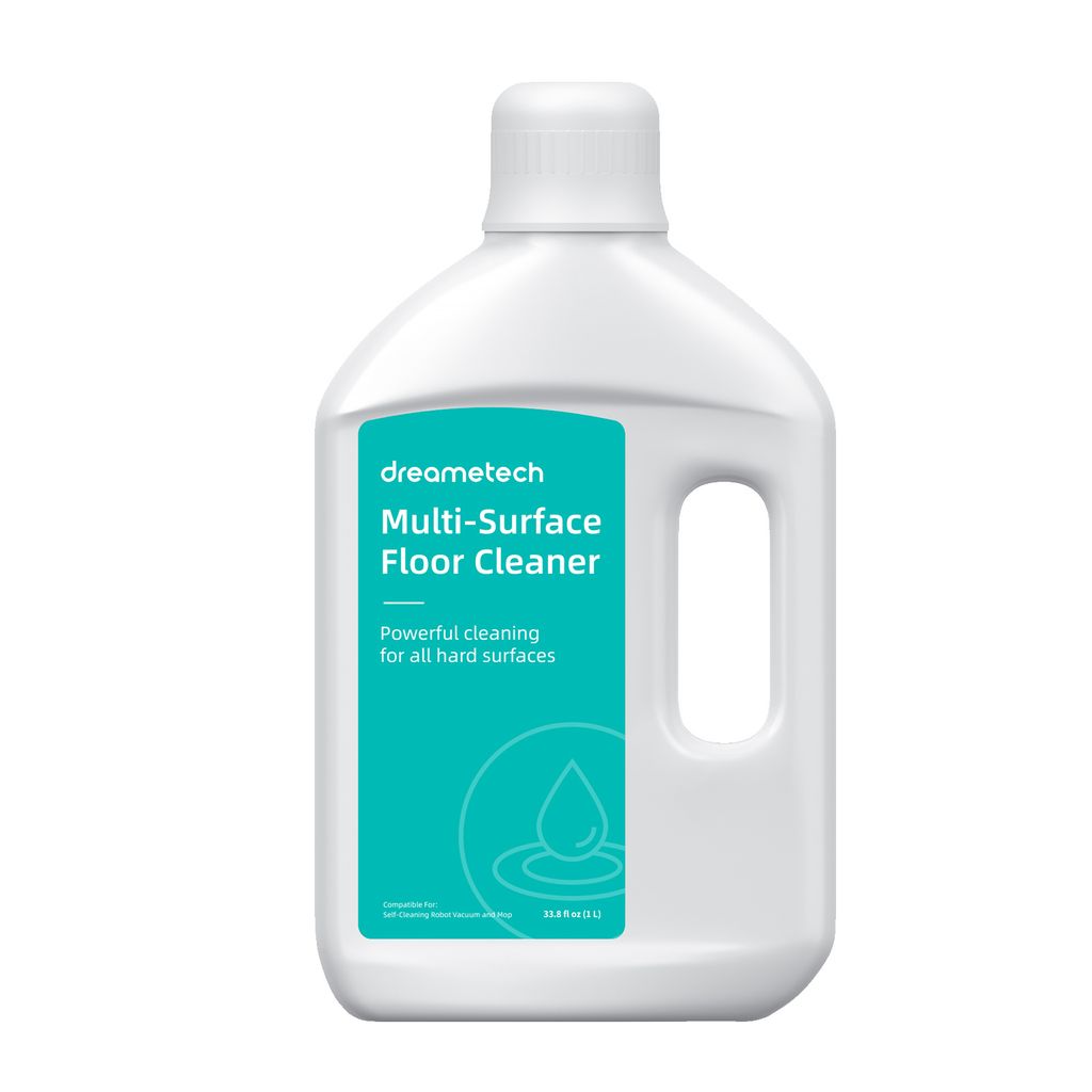 A white bottle of multi-surface floor cleaner with a teal label.
