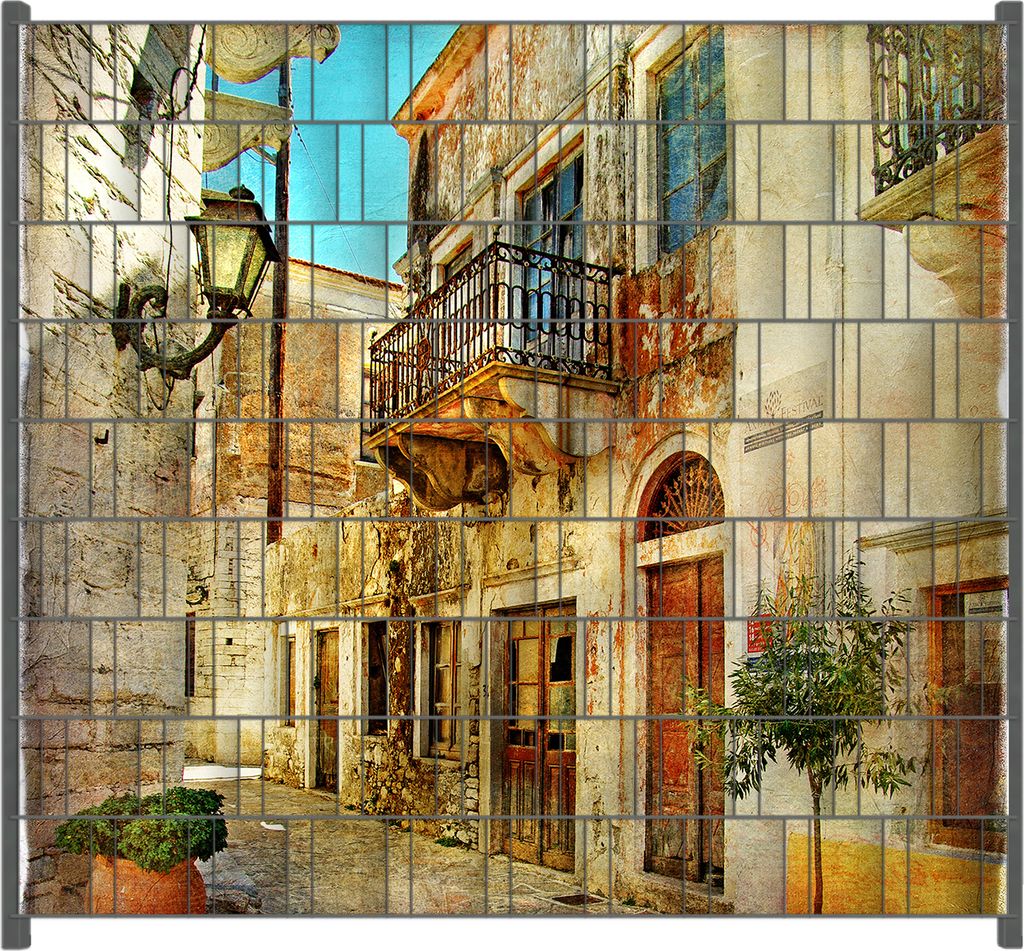Wallario Zaunsichtschutz mit Motiv Gasse im Süden, Urlaub in Griechenland für Ein- und Doppelstabmatten Zäune in der Größe 200 x 180 cm