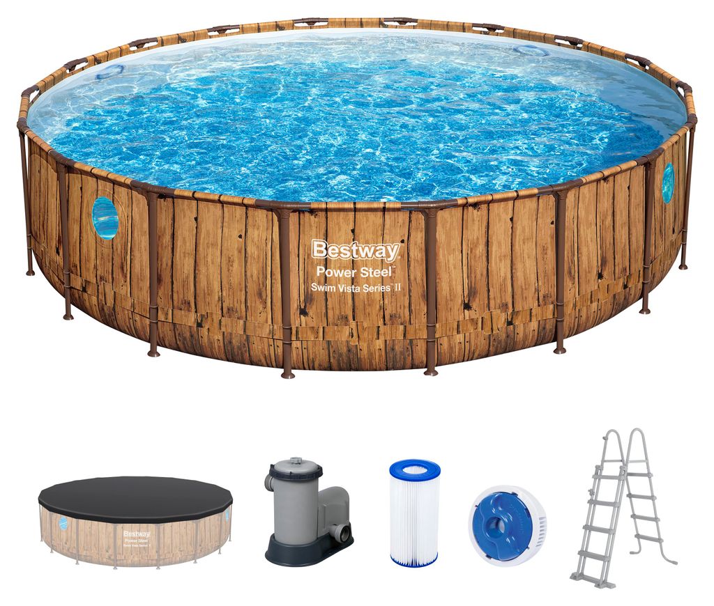 Bestway Power Steel Swim Vista Series Frame Pool Komplett-Set mit Filterpumpe Ø 549 x 122 cm, Holz-Optik (Pinie), rund