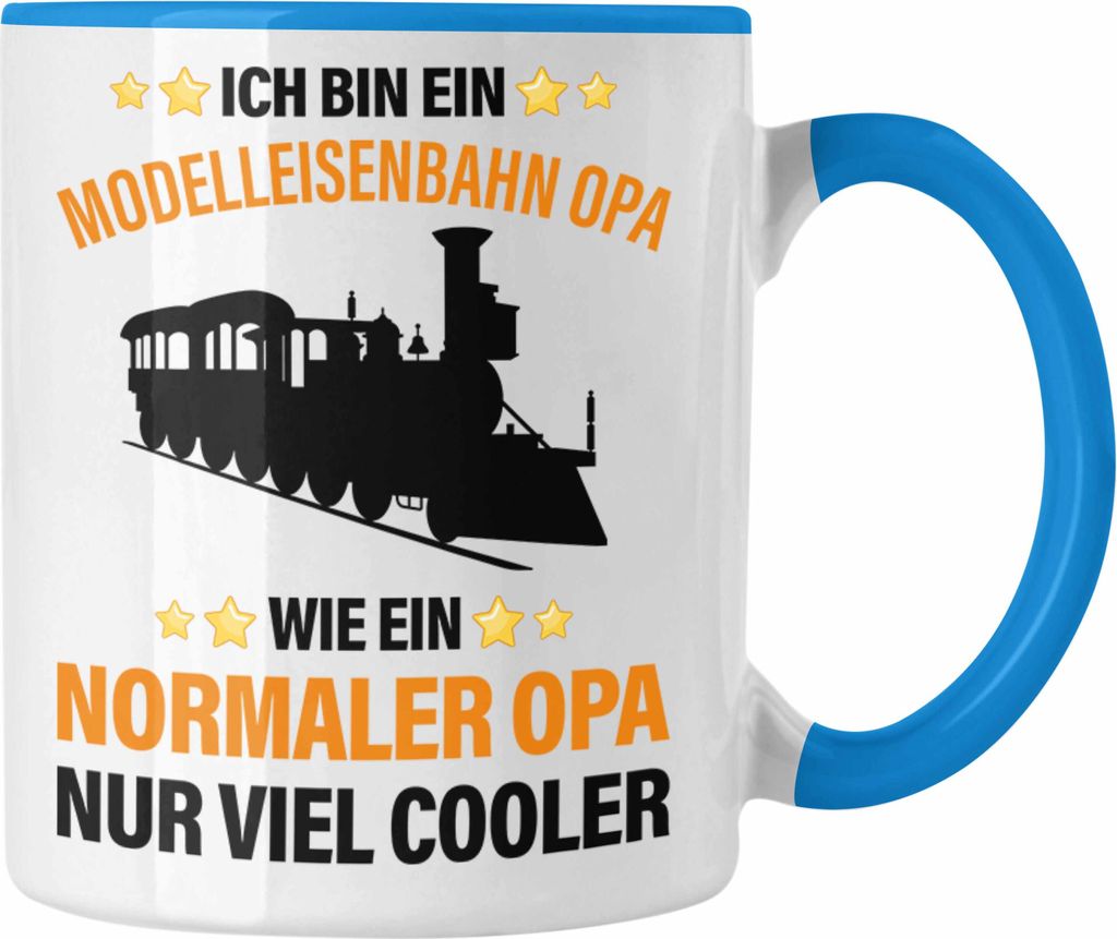 Trendation - Modeleisenbahn Opa Geschenk Tasse Spruch Geschenk Geschenkidee Opa Rentner Dampflokomotive Eisenbahn (Blau)