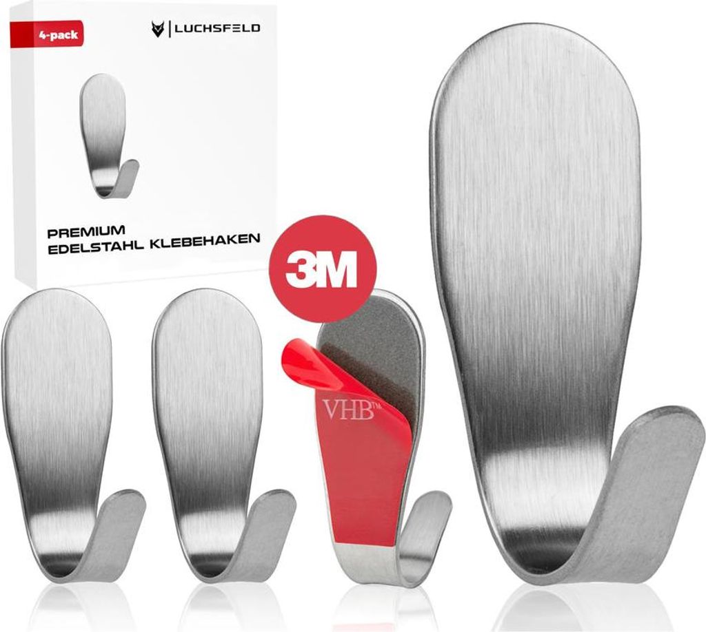 LUCHSFELD LUCHSFELD 8x Selbstklebende Handtuchhaken aus Edelstahl - Kein Bohren - Starke Klebehaken für Bad & Küche