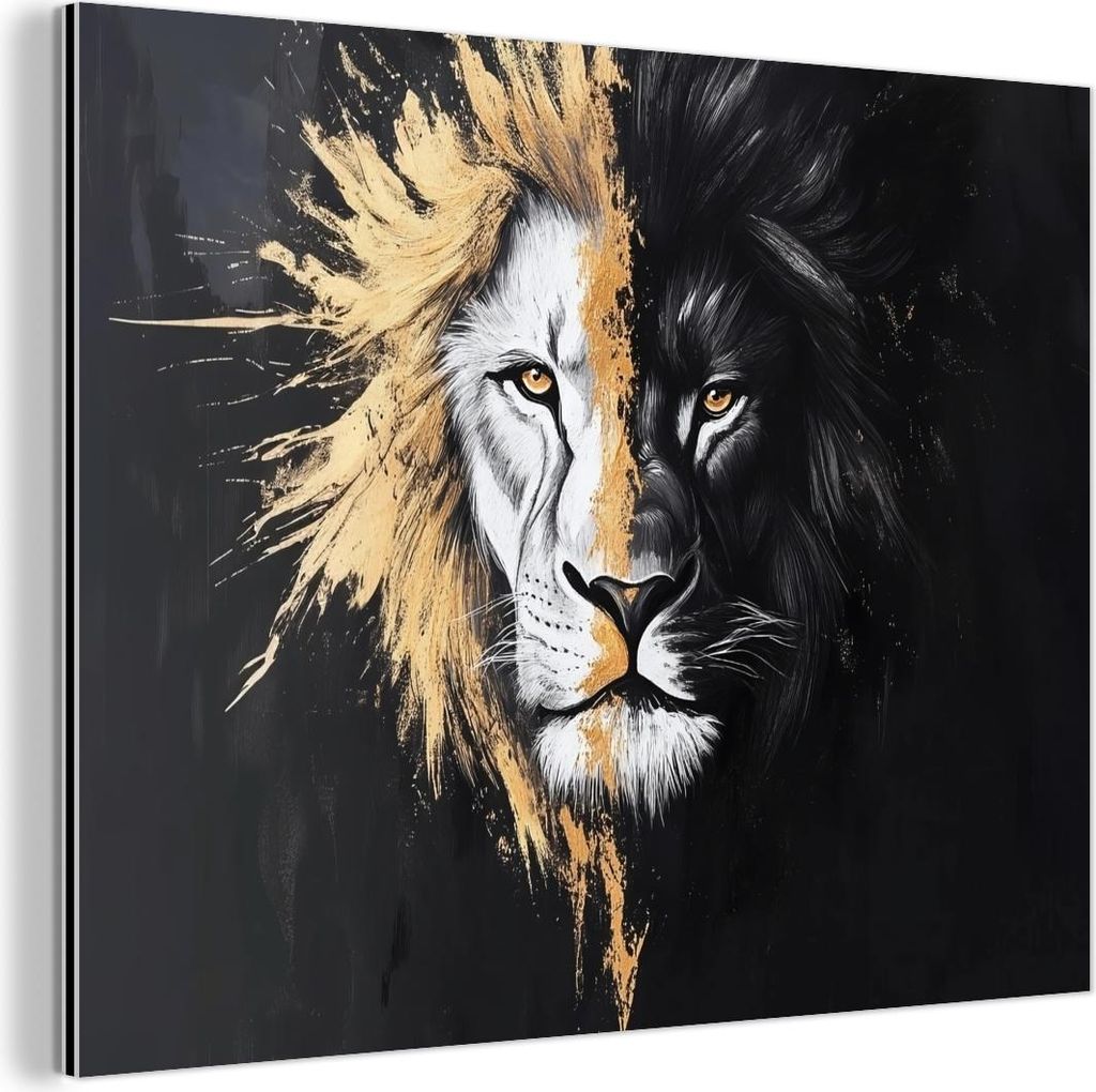 MuchoWow Wanddekoration Metall Metallbild Wandkunst 40x30 cm Löwe - Split - Schwarz - Linie MuchoWow Aluminium Gemälde - Dekoration Wohnzimmer