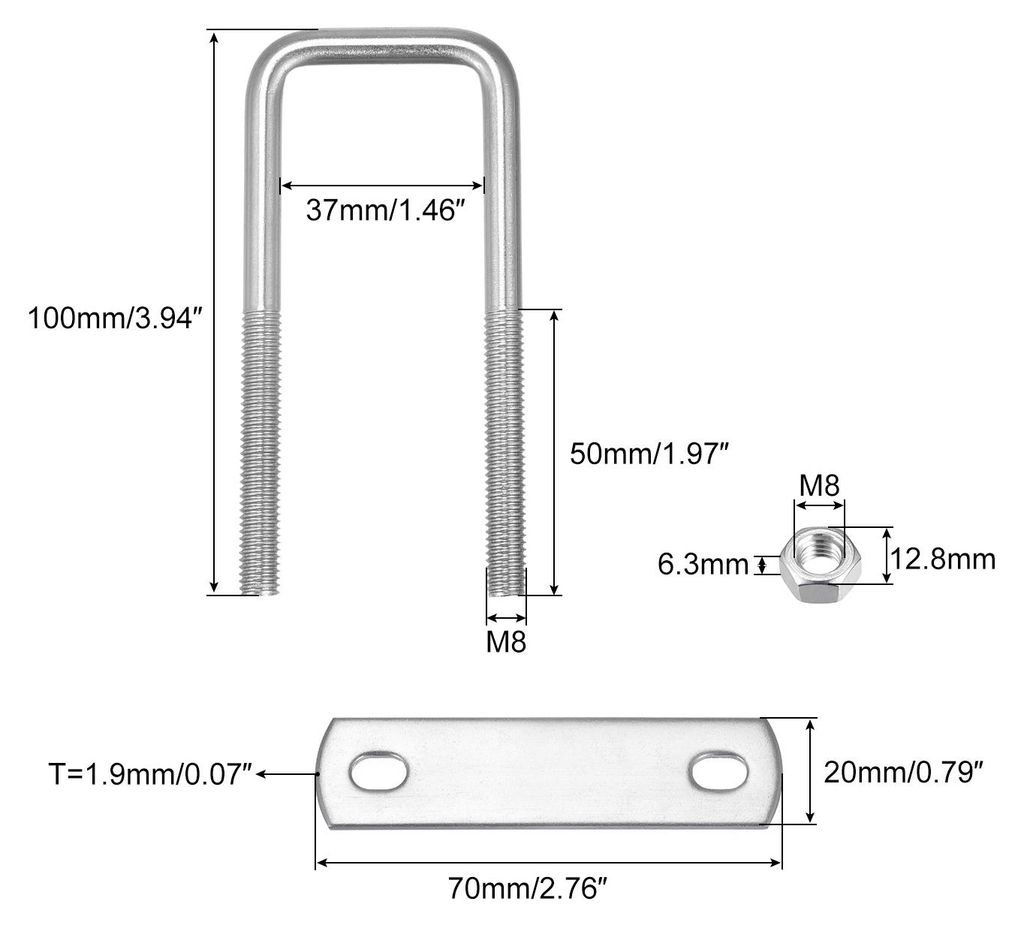 U Bš¹gel 1 Stš¹ck U-Bolzen M8 x 37mm x 100mm Quadratische Bš¹gelschraube 304 Edelstahl U-Bolts mit Mutter Platte Bš¹gelschelle Zaunbefestig...