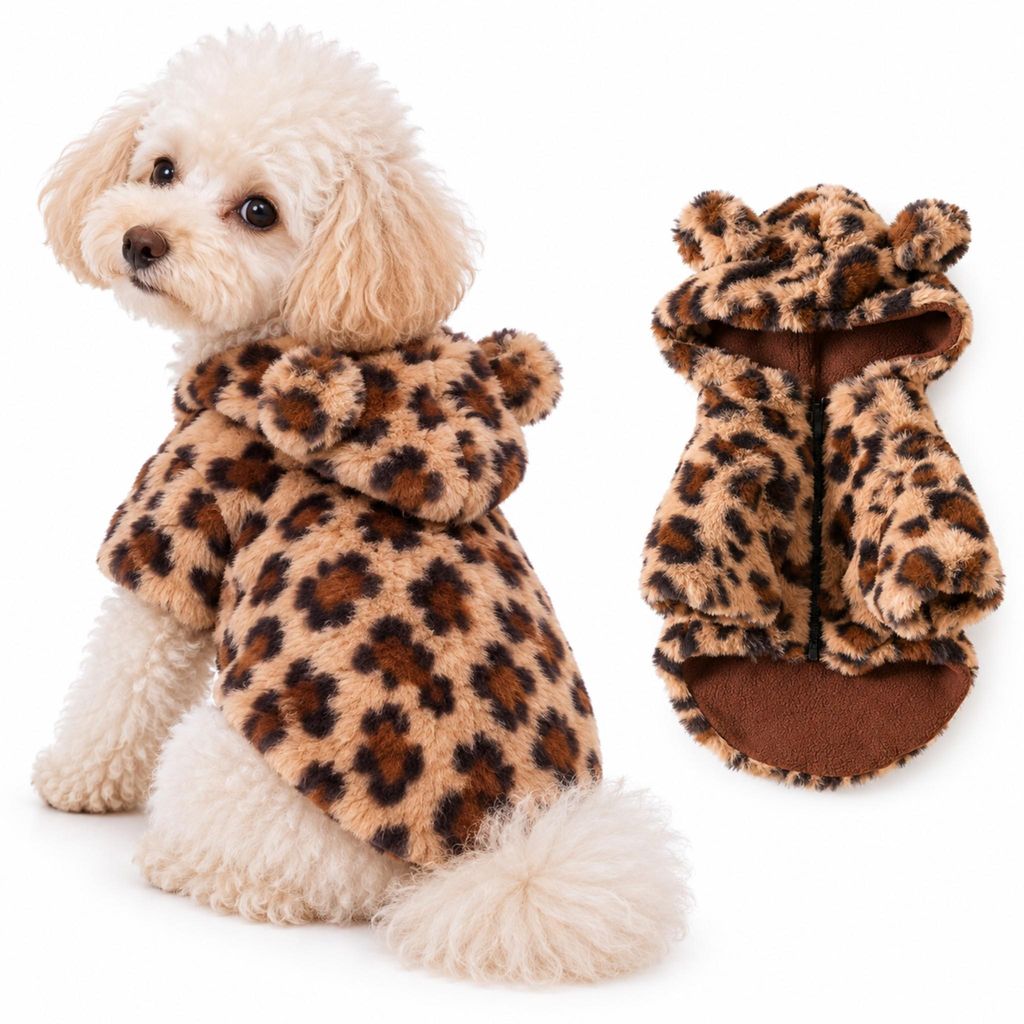 Hundejacke Plüsch im Leo-Design mit Kapuze & Ohren – Produktbild 