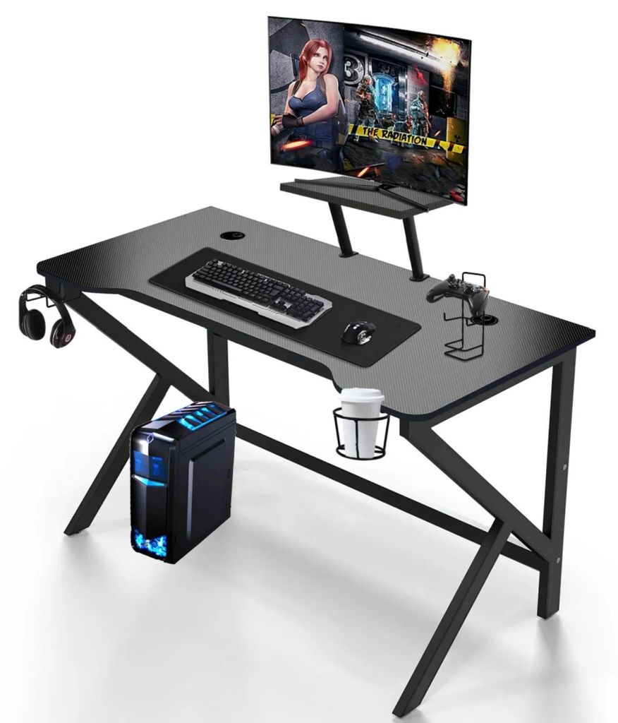 Gaming Schreibtisch - Computertisch - 100 cm - 4 höhenverstellbare Beine - Handyhalter und Kopfhörerhaken - Metallgestell - Schwarz