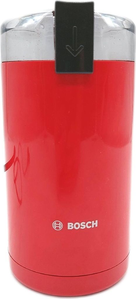 A red Bosch coffee grinder is shown against a white background.