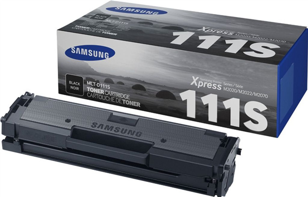 A Samsung toner cartridge and its packaging are shown against a white background.