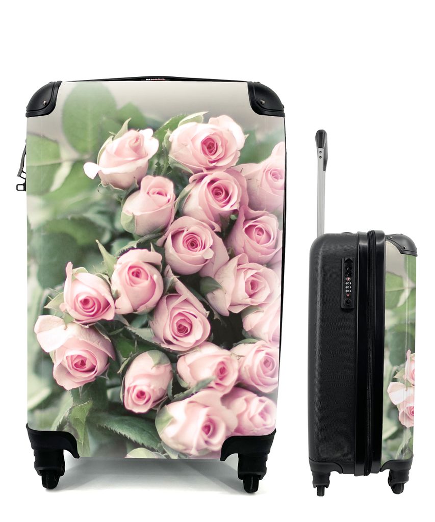 MuchoWow Koffer Handgepäck Trolley Rollkoffer Kleine Reisekoffer mit 4 Rollen - Ein großes Buch mit rosa Rosen liegt auf einem Tisch. - Cabin S...