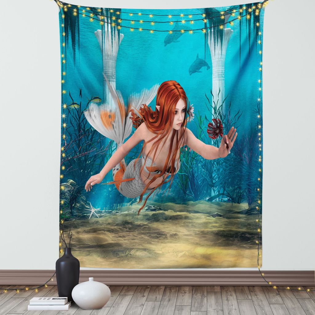 ABAKUHAUS Meerjungfrau Wandteppich, Lebensechte Meerjungfrau, ein SeeAussicht magisches Wasserwelt Thema, Wohnzimmer Schlafzimmer Seidiger Satin Wa...