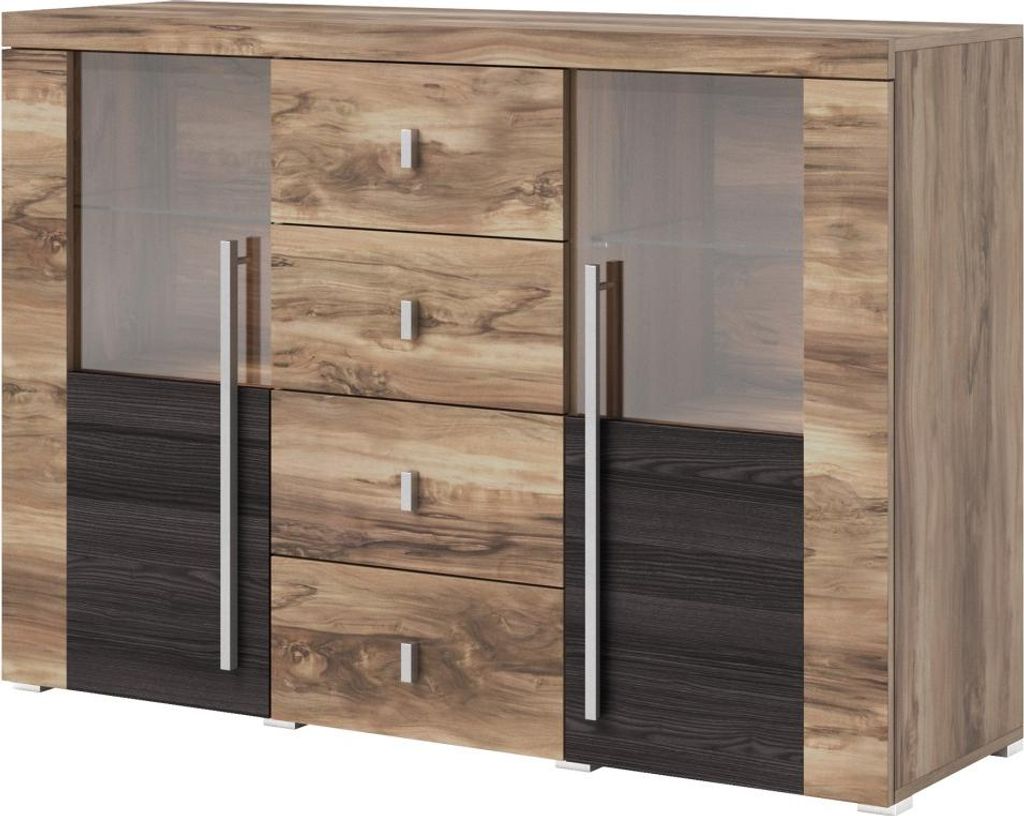 Buffet BRAZZA 2 Türen 4 Schubladen – Satinierte Nussbaum-Finish – Offene und verglaste Fächer – 132 cm