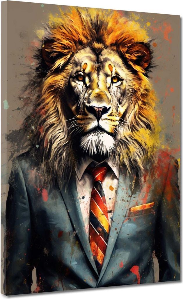 Löwe im schwarzen Anzug Leinwandbild Wandbild Kunstdruck XL Wanddeko: 60x80x4cm