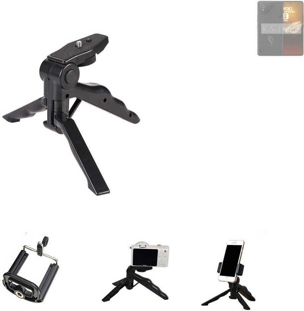 K-S-Trade Stativ Tisch-Ständer Dreibein Handy-Stativ Ständer kompatibel mit Asus ROG phone 8 Pro Edition Mini-Stativ Smartphone Tripod Handy-Stativ