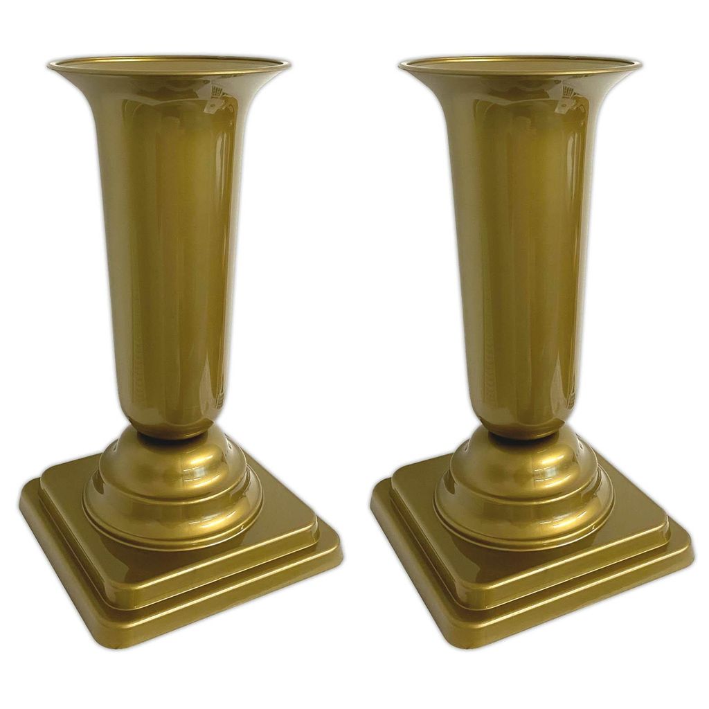2er Set Grabvase Gold Grabschmuck Kunststoff Friedhofsvase mit Sockel Friedhof Blumenvase Grabdekoration Grab Vase Grabsteckvase
