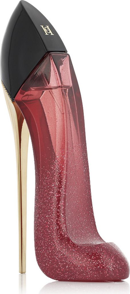 A high-heeled shoe-shaped perfume bottle with a glittery red body and a black cap.