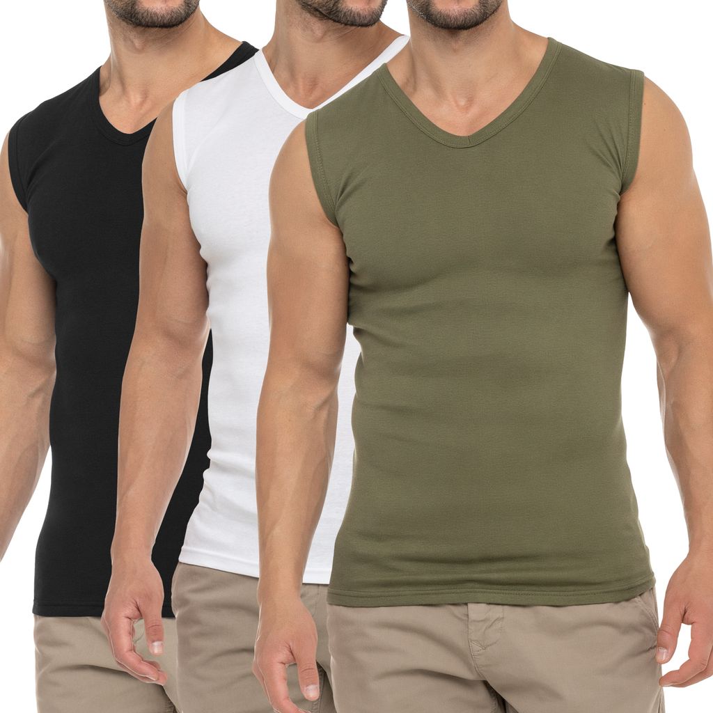 Celodoro Herren Business Muskelshirt V-Neck (3er Pack) Feinripp Top - Olive Weiß Schwarz XL