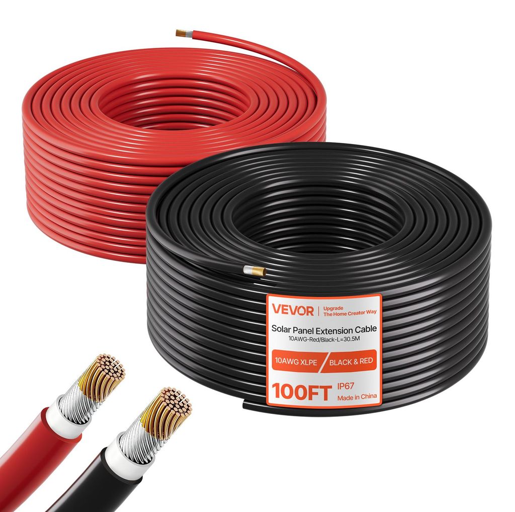 VEVOR Solarkabel Verlängerung, 30,5 m Schwarz & 30,5 m Rot, 10 AWG Solarverlängerungskabel, Verzinntes Kupferkabel für Netzunabhängige Photovol...