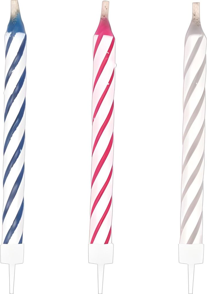 Three birthday candles with spiral patterns in blue, pink, and gray, set against a white background.