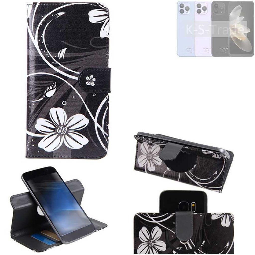 K-S-Trade Schutzhülle Handyhülle kompatibel mit Cubot P80 Hülle 360° Wallet Case “Flowers“ Klapphülle Hülle schwarz-weiß 1x