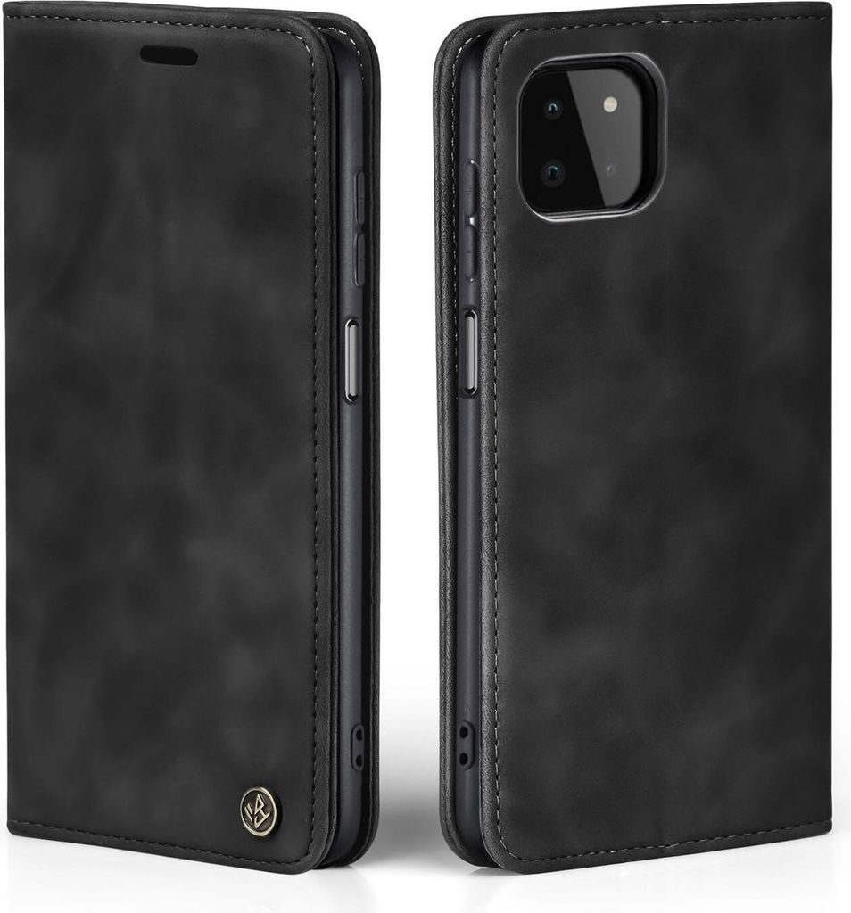 A black flip case for a smartphone is shown from two angles, front and side.