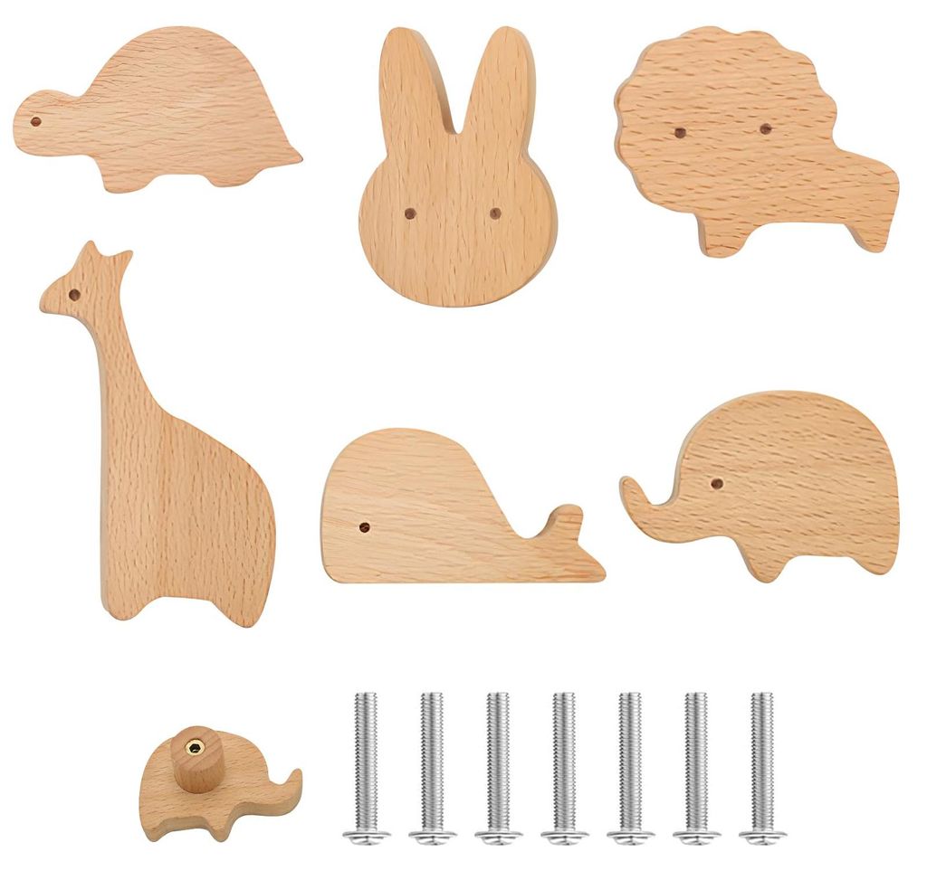 Holz-Schrankknöpfe für Kinderzimmer, 6 Stück, elefantenförmige Möbelgriffe mit Schrauben, Schubladenknöpfe