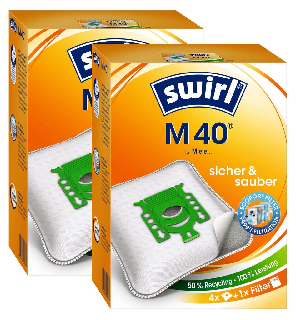 A close-up shot of two orange boxes of Swirl M 40 vacuum cleaner bags.