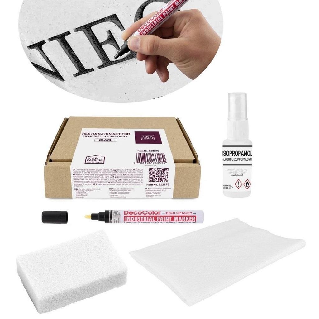 A product shot of a tombstone restoration kit, including a marker, spray bottle, sponge, and cloth, with a close-up of a hand using the marker on a tombstone.