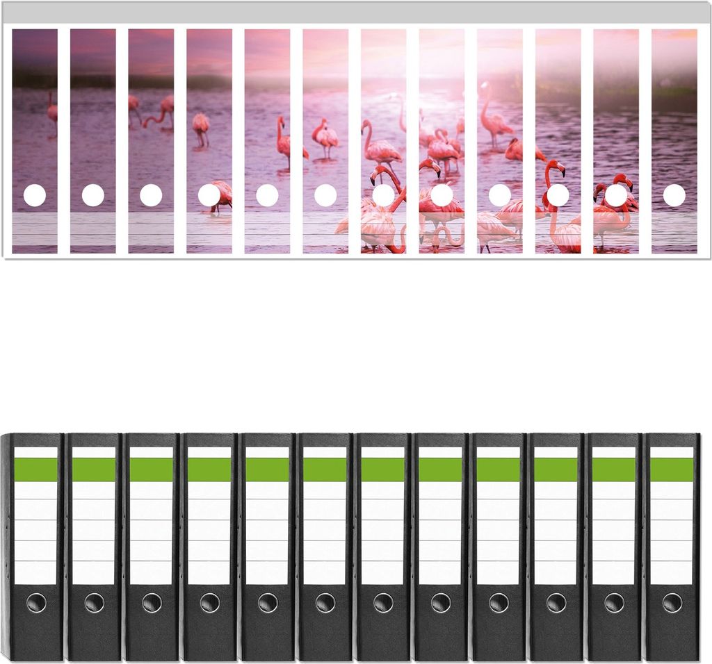 Wallario 12 Stück breite Ordner inkl. Klebeetiketten mit Motive Rosa Flamingos bei Sonnenuntergang - Set mit Rückenschildern / Ordnerrücken Sti...