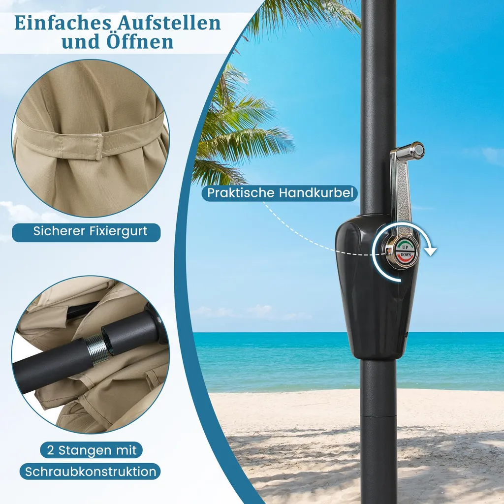 Parasol de marché 300cm Beige pour Jardin - Protection Solaire avec Manivelle - 7