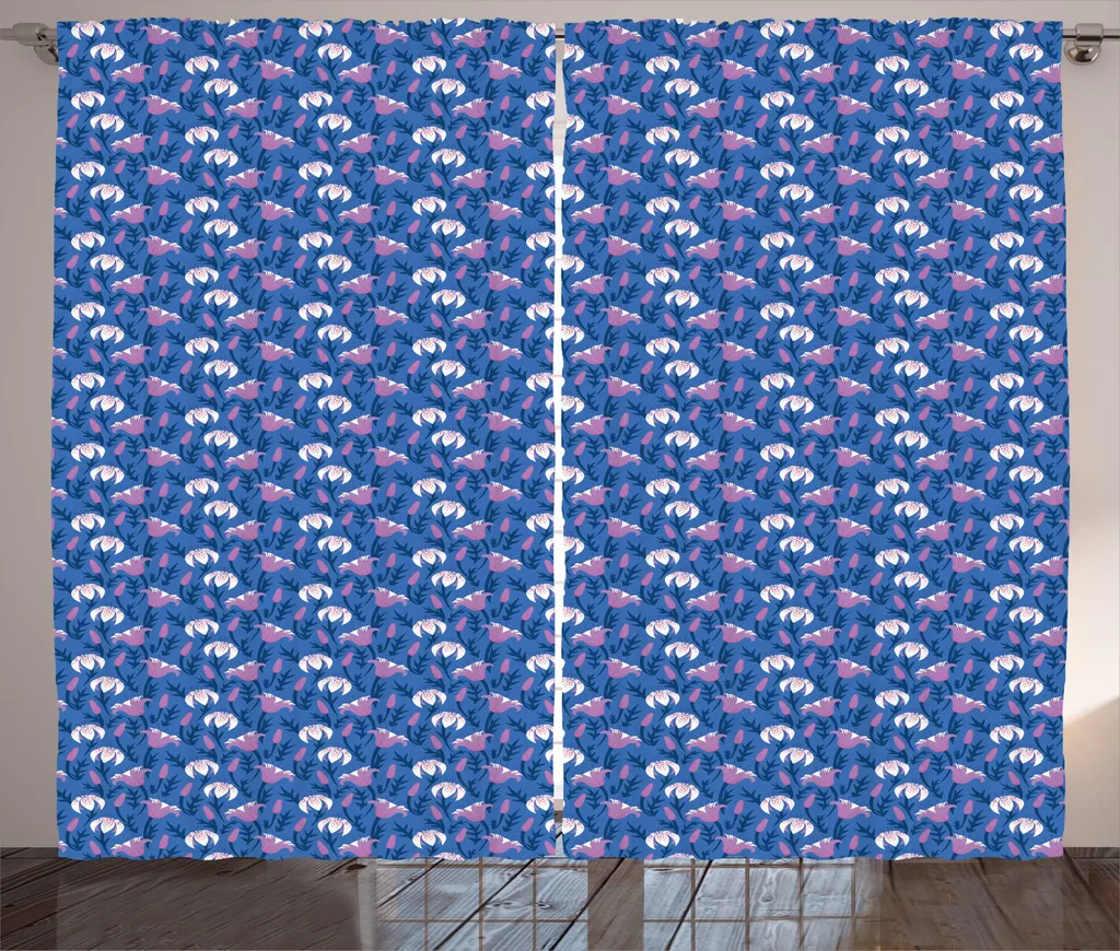 Rideau Grande Largeur 280x225cm Motif Floral Azur avec Attaches Fixes