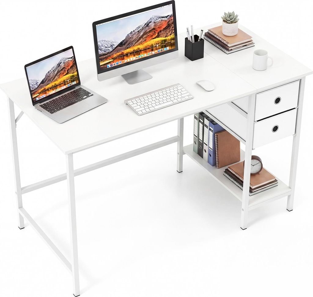 COSTWAY Schreibtisch mit 2 Schubladen, 120 cm Langer Computertisch mit Kopfhörerhaken & Ablagefach, Bürotisch, großer PC-Tisch, Arbeitstisch, Weiß